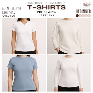 Pode incluir: Imagem de quatro modelos de camisetas: uma branca com decote em V e manga curta, uma creme de manga comprida, uma azul de manga curta e uma branca de manga comprida. O texto inclui "T-SHIRTS PDF SEWING PATTERNS" e "BEGINNER".