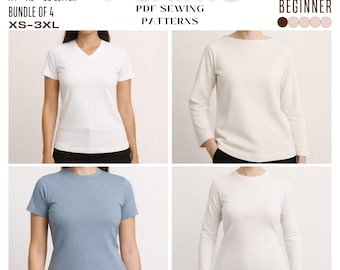 Basic T-Shirt Sewing Pattern, Women's Sleeve Top,  Fitted Stretch, V-Neck, Fit Long, Short, Staple, Boat Neck, 7 Size, PDF Instant Download
