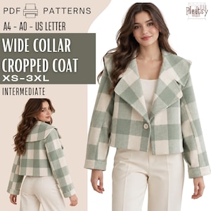 Peut inclure: Un manteau court avec un large col et un motif à carreaux vert sauge et crème. Le manteau présente des manches longues avec revers et une fermeture à un seul bouton. Le texte indique : PDF PATTERNS, A4 - A0 - US LETTER, WIDE COLLAR CROPPED COAT, XS-3XL, INTERMEDIATE, Pleatsy.