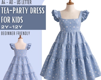 Girls Flutter Sleeve Tiered Dress Pattern PDF, Square Neck Floral Sundress, Sizes 2-12 Years, Instant Download, Beginner Sewing Pattern