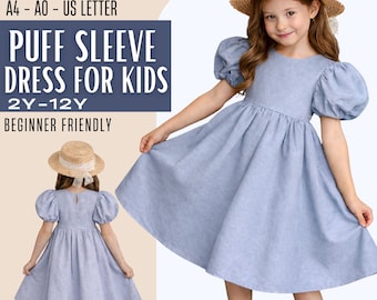 Vintage Style Girls Linen Dress PDF Pattern, Puff Sleeve Toddler Dress, Blue Chambray, Easter Dress, Flower Girl, Birthday Outfit, 2Y-12Y