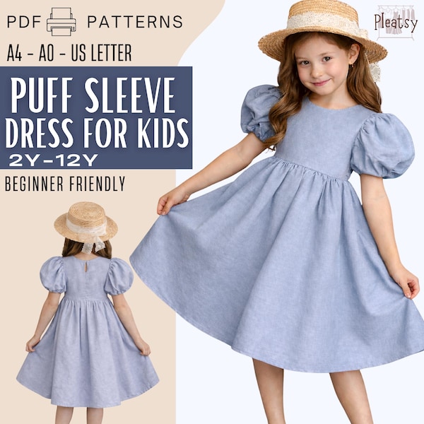 Vintage stijl meisjes linnen jurk pdf-patroon, peuterjurk pofmouw, blauwe chambray, paasjurk, bloemenmeisje, verjaardagsoutfit, 2Y-12Y