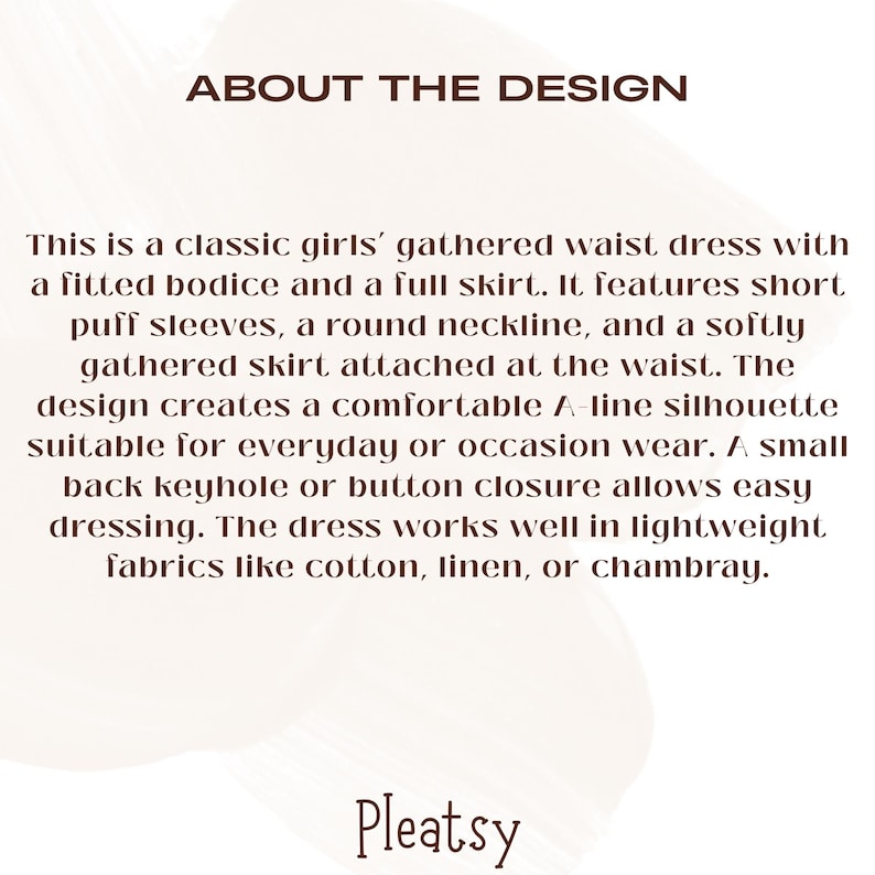 Puede incluir: Un gr&aacute;fico de texto titulado ABOUT THE DESIGN, que describe un vestido con corpi&ntilde;o ajustado, falda completa, mangas cortas abullonadas, cuello redondo, cintura fruncida y cierre de bot&oacute;n en la espalda. Menciona algod&oacute;n, lino o chambray.
