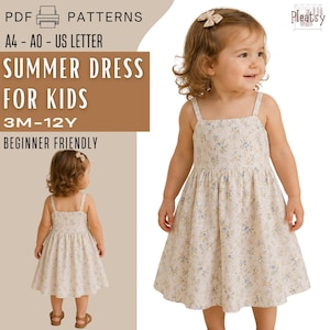 Puede incluir: Un vestido de verano beige para niños con un estampado floral y un escote cuadrado. El vestido se muestra en una niña pequeña. La imagen también incluye el texto "SUMMER DRESS FOR KIDS" y "3M-12Y".