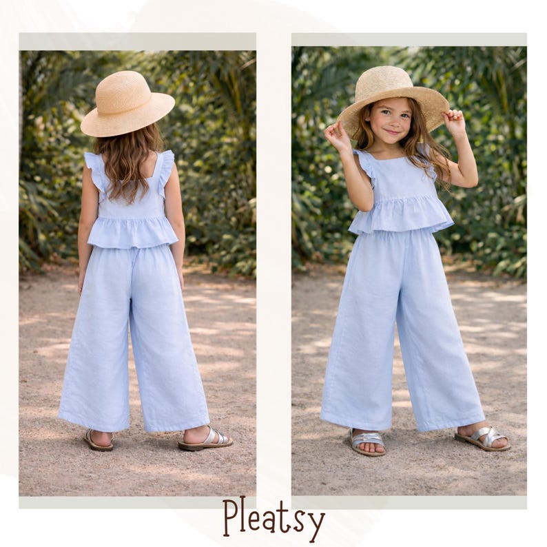 May include: A light blue linen two-piece outfit for children, featuring a ruffled top and wide-leg pants. The outfit is paired with a straw hat and silver sandals. The word "Pleatsy" is displayed at the bottom of the image.