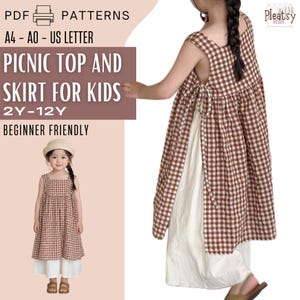 Cartamodello PDF per abito da bambina Cottagecore, prendisole senza maniche da 2 a 12 anni, grembiule babydoll con scollo quadrato per bambina, download immediato.