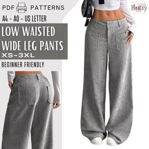 Women Wide Leg Pants PDF Sewing Pattern, Low Rise Baggy Corduroy Trousers, Patch Pocket Pants, Sizes XS-XXXL, Instant Download A4 A0