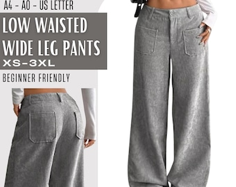Women Wide Leg Pants PDF Sewing Pattern, Low Rise Baggy Corduroy Trousers, Patch Pocket Pants, Sizes XS-XXXL, Instant Download A4 A0