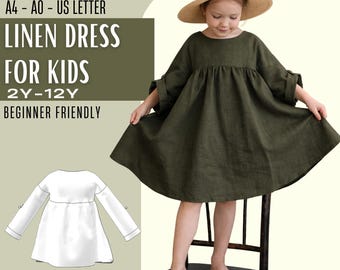 Linen Girl Dress Sewing Pattern PDF, Minimalist Toddler Dress Pattern, Gathered Waist Woven Dress, Flared Sleeve Kids Pattern 2-12Y