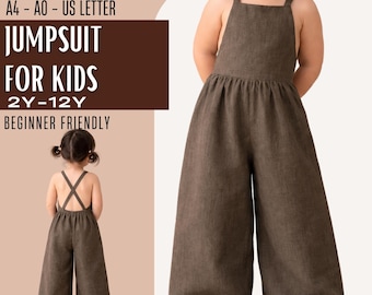 Toddler Linen Jumpsuit Sewing Pattern PDF, Wide Leg Kids Romper, Cross Back Overall, Baby Summer Outfit, Girls Playsuit Pattern, 2Y-12Y