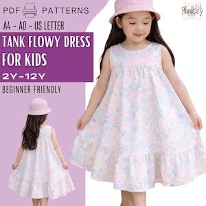 Girls Sleeveless Floral Dress Easy Sewing Pattern PDF, Ruffle Hem A-Line Sundress, Instant Download, Beginner Toddler Kids Sizes 2-12 Years