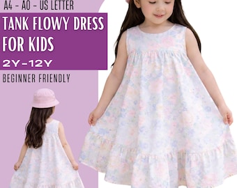 Girls Sleeveless Floral Dress Easy Sewing Pattern PDF, Ruffle Hem A-Line Sundress, Instant Download, Beginner Toddler Kids Sizes 2-12 Years