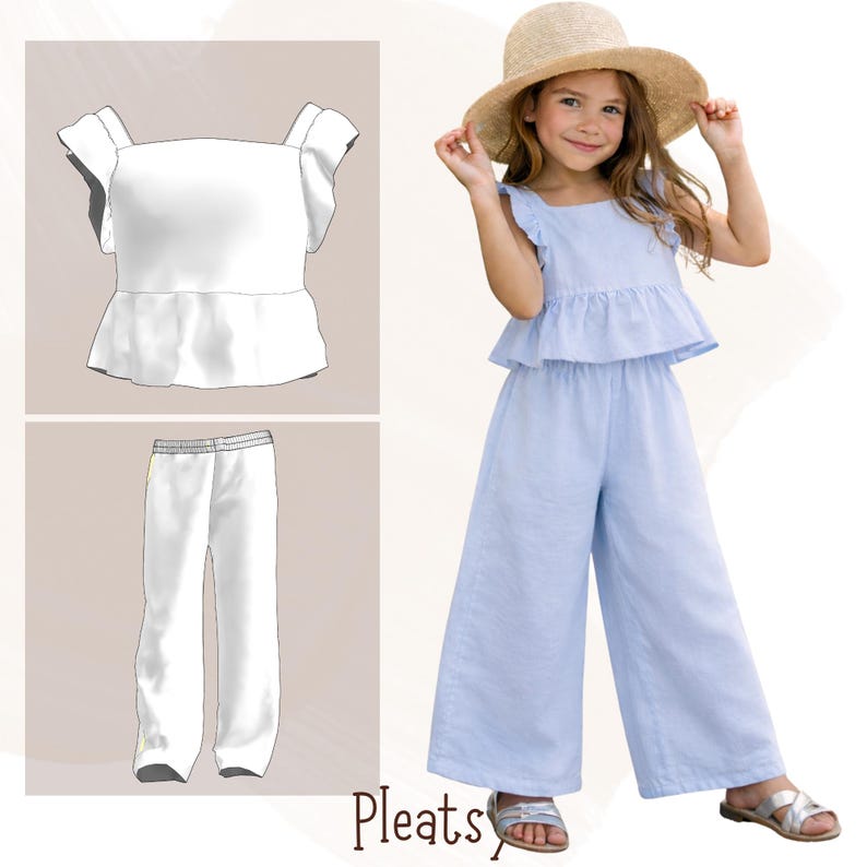 May include: A light blue two-piece outfit for children. The outfit includes a ruffled top and wide-leg pants. The image also shows a straw hat and sandals. The word "Pleats" is written in a cursive font at the bottom of the image.