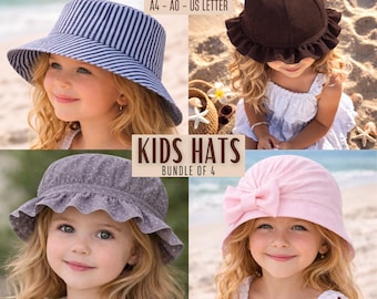 Baby Girl Hats PDF Sewing Pattern, Polka Dot Ruffle Hat, Bow Hat, Toddler Beach Hat, Stripe Bucket Hat, Summer, 2Y-12Y Size,Instant Download