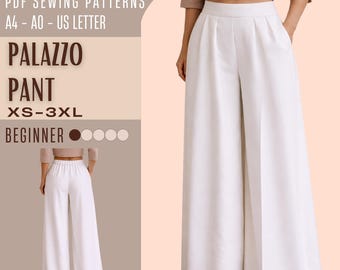 Palazzo Pants Sewing Pattern PDF, High Elastic Waist Wide Leg Pants, Easy Beginner Trousers, Women Loose Fit Pants, Instant Download