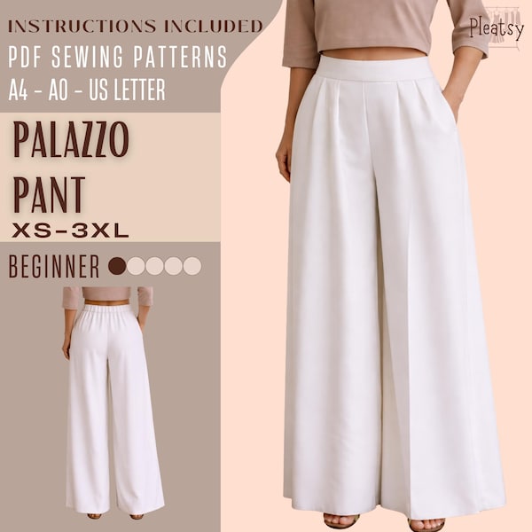 Palazzo Pants Sewing Pattern PDF, High Elastic Waist Wide Leg Pants, Easy Beginner Trousers, Women Loose Fit Pants, Instant Download