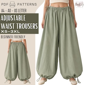 May include: Sage green trousers with an adjustable drawstring waist and gathered ankles. The text reads PDF PATTERNS, A4 - A0 - US LETTER, ADJUSTABLE WAIST TROUSERS, XS-3XL, and BEGINNER FRIENDLY. The design features a loose, wide-leg silhouette.