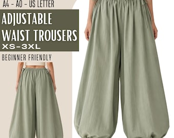 Adjustable Waist Trousers PDF Sewing Pattern, Womens Wide Leg Balloon Pants, Beginner Friendly, Sizes XS-XXXL, Instant Download