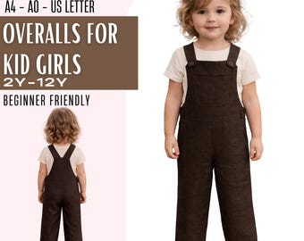 Toddler Girls Overalls PDF Pattern, Ruffle Hem Dungarees Button Strap, Easy Beginner Kids Jumpsuit Sewing, Sizes 2-12 Years Instant Download