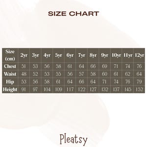 May include: A size chart for children's clothing, with measurements in centimeters. The chart includes chest, waist, hip, and height measurements for sizes 2yr to 12yr. The brand name "Pleatsy" is at the bottom.