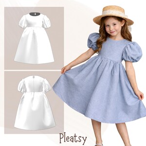 Patrón PDF de vestido de lino estilo vintage para niña, vestido de manga abullonada, cambray azul, vestido de Pascua, vestido de niña de las flores, atuendo de cumpleaños, 2-12 años imagen 2