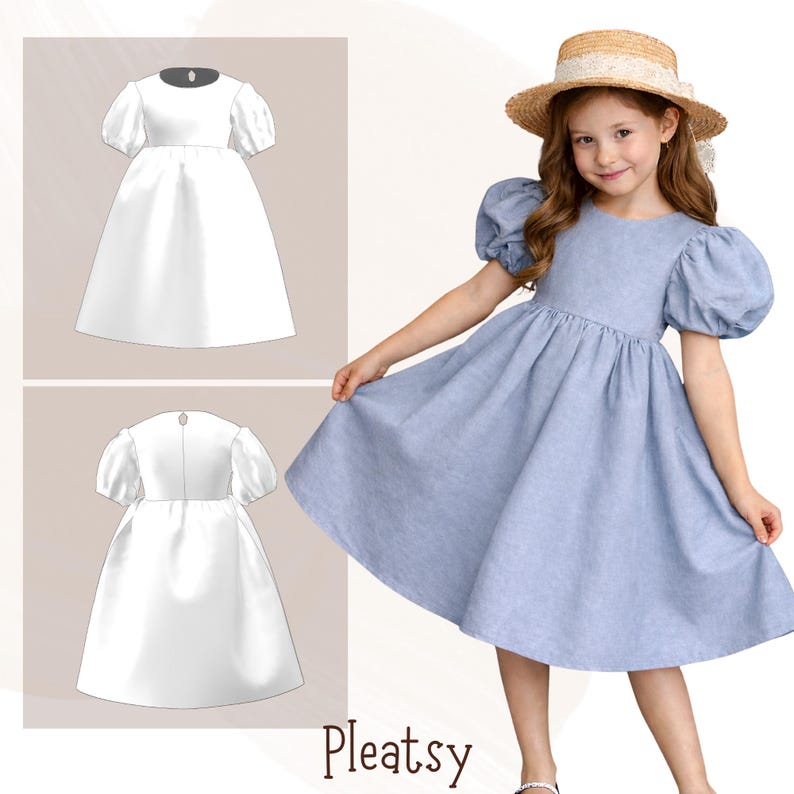 Patrón PDF de vestido de lino estilo vintage para niña, vestido de manga abullonada, cambray azul, vestido de Pascua, vestido de niña de las flores, atuendo de cumpleaños, 2-12 años imagen 2