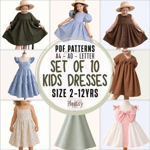 Peut inclure: Une collection de dix patrons de couture numériques pour robes d'enfants en tailles 2-12 ans, présentant divers styles dont des coupes trapèze, à étages et avec nœuds. L'image affiche le texte PDF PATTERNS A4 - A0 - LETTER SET OF 10 KIDS DRESSES SIZE 2-12YRS Pletsy.