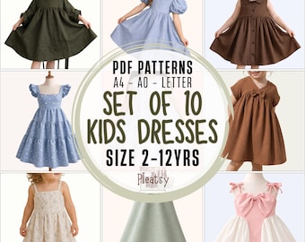 Beginner Sewing Pattern Bundle, 10 Girls Dress Patterns PDF, Toddler & Baby Dress, Puff Sleeve A-Line Sundress, Instant Download 2-12Y