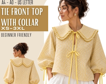 Peter Pan Collar Blouse Sewing Pattern PDF, Ruffle Trim Balloon Sleeve Crop Top, Beginner Friendly, Sizes XS-XXXL, A4 A0 Us Letter