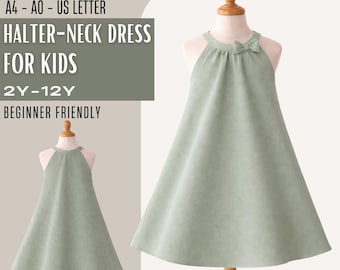 Girls A-Line Halter Sundress Pattern PDF, Bow Neck Kids Dress Sizes 2-12Yrs, Easy Summer Sewing Pattern, Instant Download, Beginner Friendly