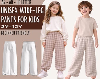 Kids Unisex Wide Leg Pants PDF Sewing Pattern, 2 Styles Wide & Elastic Bottom, Checkered Trouser Design, Instant Download, Sizes 2 to 12 Yrs