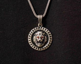 Silver Lion Necklace for Men: Lion Medallion Necklace, Bold Lion Charm Pendant, Wild Animal Jewelry