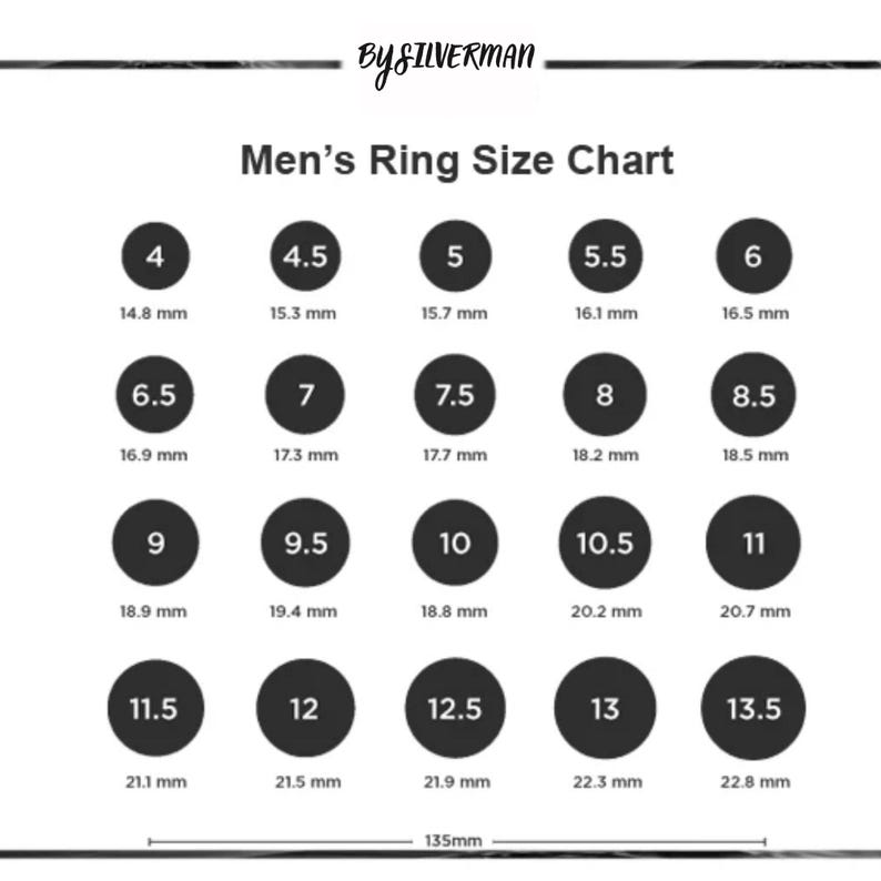 May include: A black and white ring size chart for men, with sizes ranging from 4 to 13.5, and corresponding millimeter measurements. The chart includes the text "Men's Ring Size Chart" and the brand name "BY SILVERMAN".