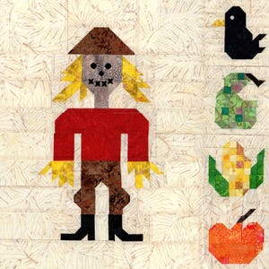 Tapiz acolchado de pared Espantapájaros otoñal (Patrón en PDF) Pájaro negro Maíz Calabaza Calabaza