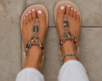 Sandali piatti da donna retrò con perline, fatti a mano / Scarpe estive casual boho romane da spiaggia