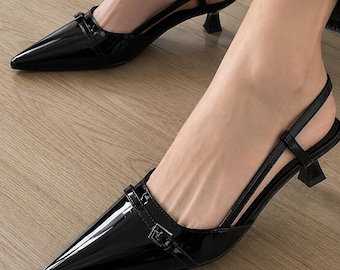 Black Patent Pointed Toe Slingback Heels, Kitten Heel Buckle Strap Pumps, Office Work Elegant Shoes, Classic Formal Going Out Women