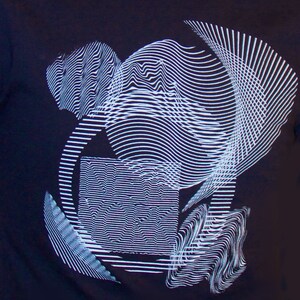 May include: Abstract design with white lines on a black background. The design features a series of overlapping circles and squares, creating a sense of depth and movement.
