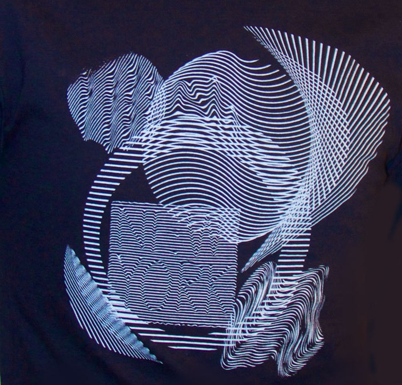 May include: Abstract design with white lines on a black background. The design features a series of overlapping circles and squares, creating a sense of depth and movement.