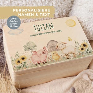 May include: A light-colored wooden box with a painted farm scene featuring a pig, sheep, and chick. The box has the name "JULIAN" in green, along with birth details. Text on the box reads "PERSONALISE NAMEN & TEXT" and "Zwei Gr&ouml;&szlig;en & f&uuml;nf Motive".