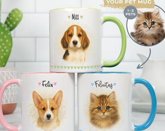 Personalized Pet Mug, Watercolor Pet Portrait from Photo, Custom Pet Lover Gift for Dog & Cat Moms and Dads, Memorial Coffee Cup