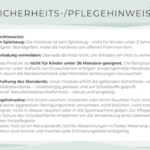 May include: A white background with the German text "SICHERHEITS-/PFLEGEHINWEISE" at the top. The text provides safety and care instructions for a wooden product, including warnings about fire hazards and age restrictions. It also details cleaning and maintenance.
