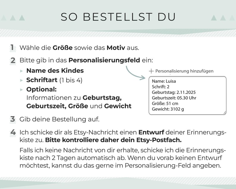 May include: A white and green informational graphic with German text, including instructions for ordering a personalized item. Details include name, font, birthday, time, size (51 cm), and weight (3102 g).