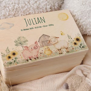 May include: A wooden keepsake box with a farm scene illustration. The box features a pig, sheep, chick, barn, sunflowers, and the name "Julian" with birth details. The design includes a sun, cloud, and butterfly, all in soft watercolor tones.