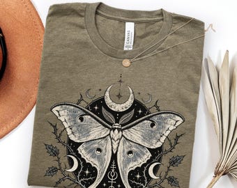 Celestial Luna Moth Shirt, Dark Cottagecore Witchy Shirt, Whimsigoth Gothic Tee, Dark Aesthetic T-Shirt, Entomology & Moon Moth Lover Gift