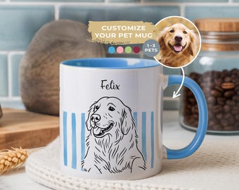 Personalized Pet Mug, Line Art Pet Portrait from Photo, Custom Name Pet Lover Gift for Dog & Cat Moms and Dads, Memorial Coffee Cup