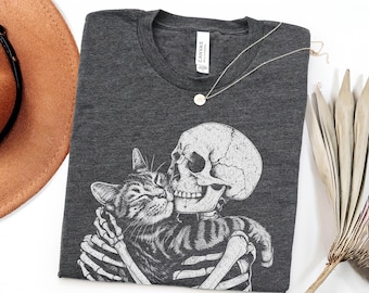 Cat Halloween Shirt with a Vintage Skeleton Cat Design, Perfect for Spooky Season, Cat Moms & Dads and Skeleton Lovers, Funny Cat Lover Gift