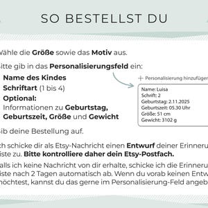May include: A graphic with instructions on how to order a personalized item. The text includes steps to select size and design, provide personalization details like name and font, and review the draft. Includes an example with the name Luisa, font 2, and measurements in cm and grams.