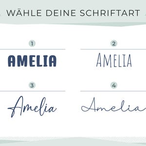 May include: Image displaying four different font styles of the name "Amelia". The text "W&Auml;HLE DEINE SCHRIFTART" is at the top. Each style is numbered and presented in a clean, minimalist design, offering a selection of typography options.