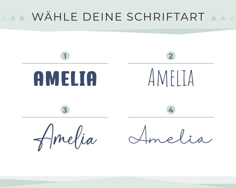 May include: Image displaying four different font styles of the name "Amelia". The text "W&Auml;HLE DEINE SCHRIFTART" is at the top. Each style is numbered and presented in a clean, minimalist design, offering a selection of typography options.