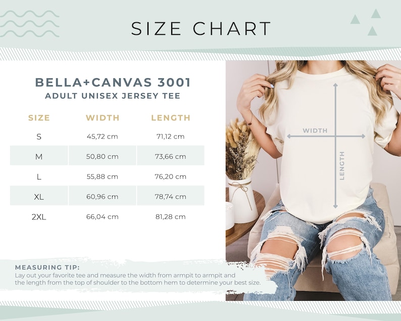 May include: A size chart for an adult unisex jersey tee, with measurements in centimeters. The chart includes sizes S, M, L, XL, and 2XL, with corresponding width and length measurements. A person is wearing the tee, with width and length indicators.